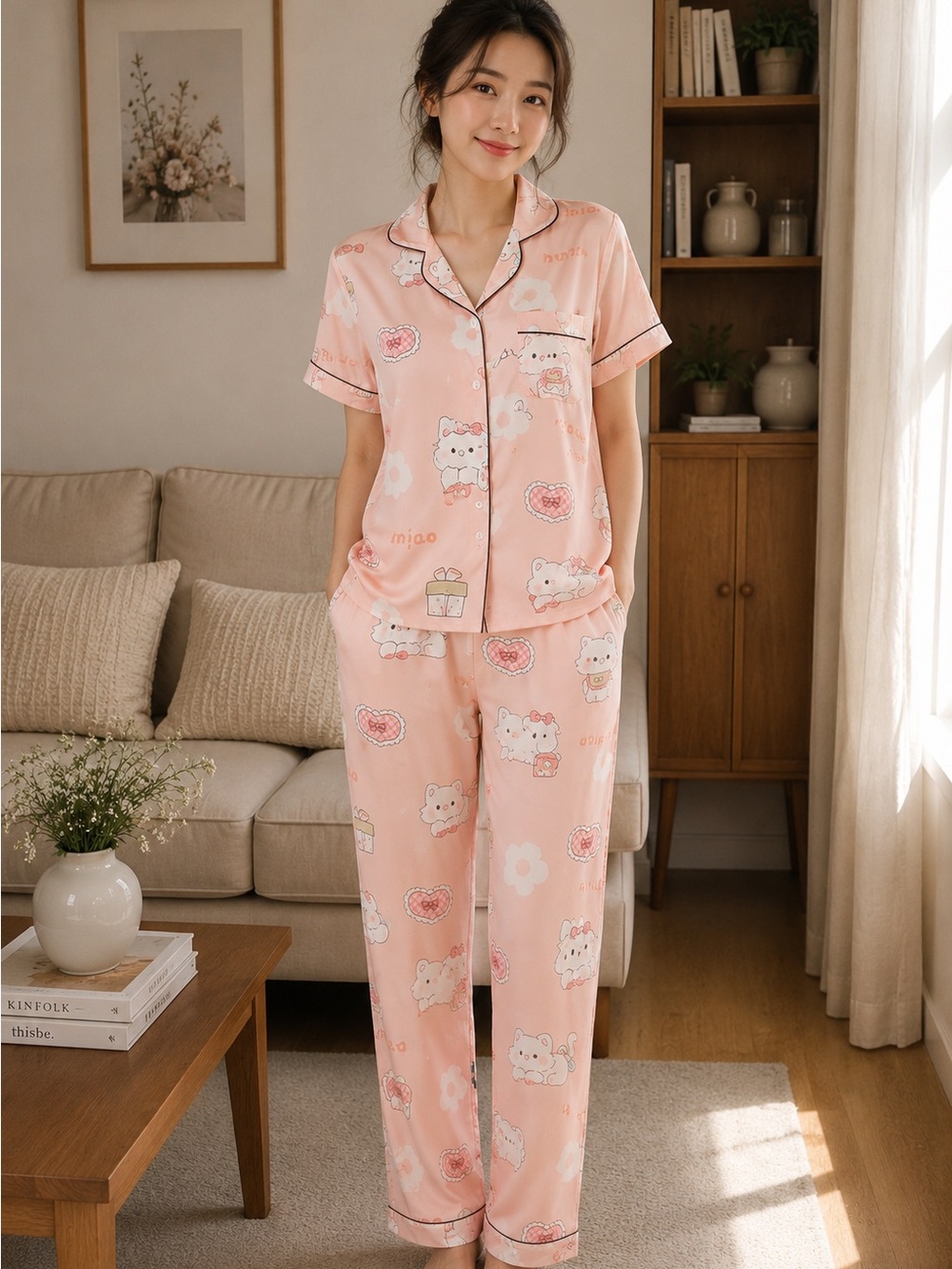 Pink Cat & Heart Print Short-Sleeve Pajama Set